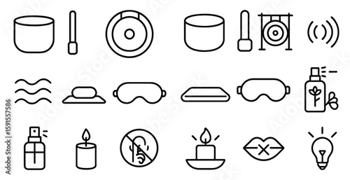 Collection of symbols and icons related to relaxation and wellness. The symbols include a candle, a bowl, a cup, a bottle, a bowl, a spoon, a bowl, a cup, a bottle, a bowl, a cup