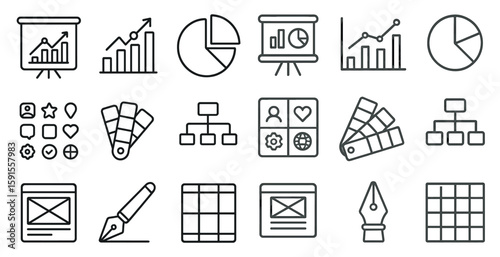 Set of icons for a presentation. The icons include a pen, a ruler, a graph, a heart, and a star