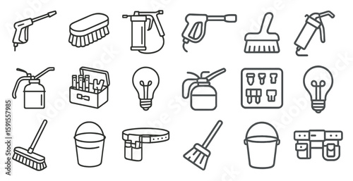 Set of cleaning tools and supplies. The image is a collection of various cleaning tools and supplies, including a bucket, a brush, a mop, a broom, and a vacuum cleaner