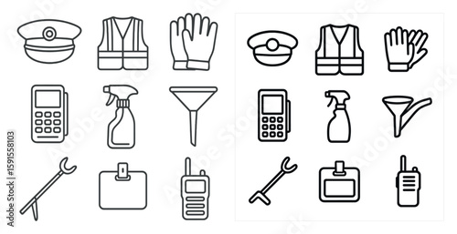 Set of icons for various work tools and safety gear. The icons include a police officer, a fireman, a construction worker, and a janitor. Scene is one of professionalism and safety