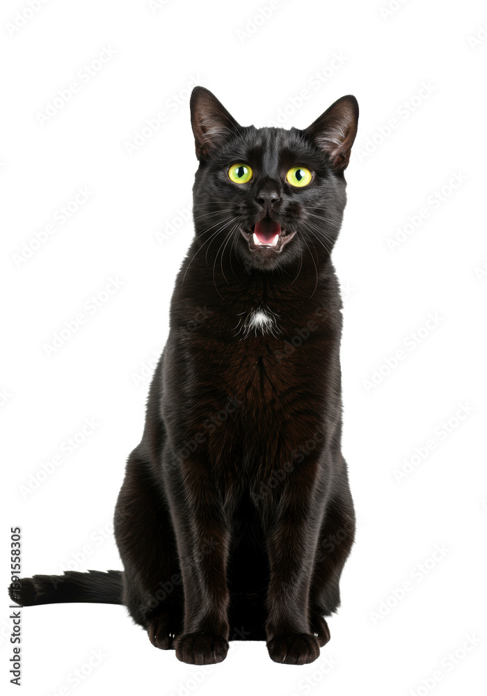 Obraz premium Sleek adult black domestic shorthair cat with luminous bright yellow eyes, sitting upright, mouth slightly open vocalizing, isolated on pure plain white background with bright even studio lighting