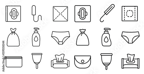 Set of icons for feminine hygiene products. The icons include a pad, a tampon, a bottle of lotion, a bottle of soap, a handbag, a purse, a book, a toilet, a bottle of perfume