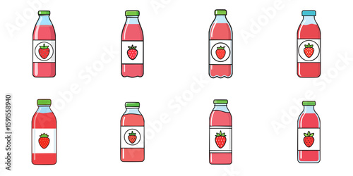 Multiple vector illustrations of plastic or glass bottles labeled with strawberry, juice

