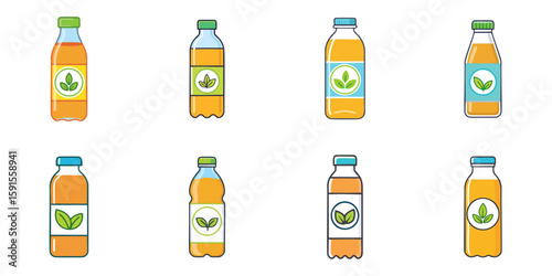 Multiple vector illustrations of plastic or glass bottles labeled with tea leaves

