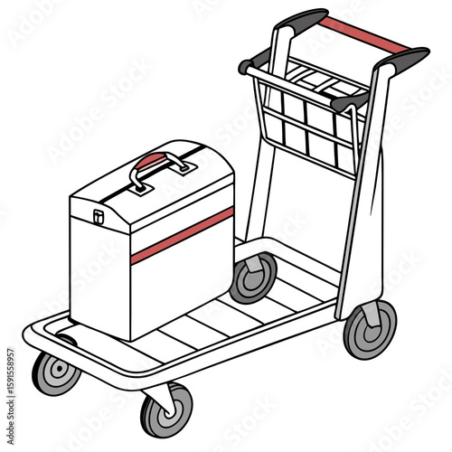 Luggage cart with white suitcase and red accents travel transportation