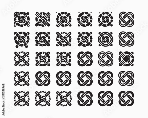 Knot vector set rope, cord, tie, knot silhouette vector illustrations, various knot types, decorative knots, maritime knot tying