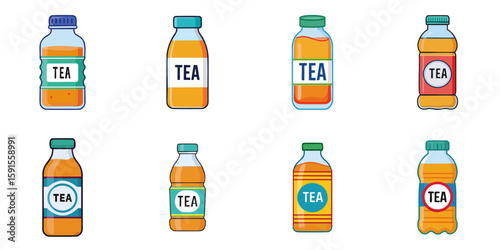Multiple vector illustrations of plastic or glass bottles labeled with "TEA"

