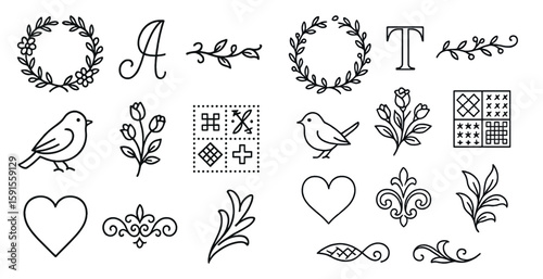 Collection of black and white designs including a heart, a bird, and a wreath. The designs are arranged in a grid, with each design separated by a white space. Scene is elegant and sophisticated