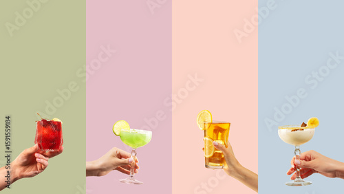 Quadro em tela Collage of colorful cocktails held by hands on pastel vertical panels