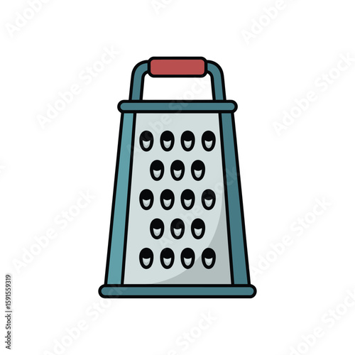 A simple flat illustration of a kitchen grater with a red handle