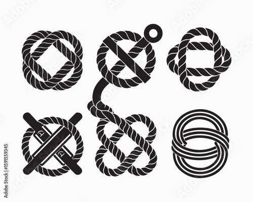Knot vector set rope, cord, tie, knot silhouette vector illustrations, various knot types, decorative knots, maritime knot tying