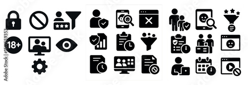 Set of icons that include a no-lock sign, a no-rating sign, a no-review sign, a no-star sign, a no-check sign, a no-checkmark sign, a no-checkbox sign,
