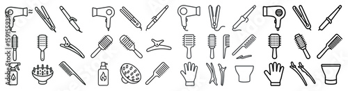 Collection of hair care tools and products. The image is a collection of various hair care tools and products, including combs, brushes, and hair dryers