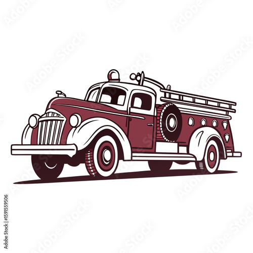 Maroon and white vintage fire engine with ladder retro fire truck