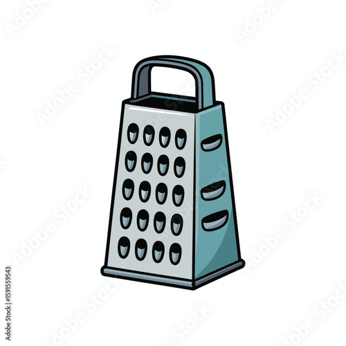 Simple cartoon illustration of a metal four sided grater with a handle