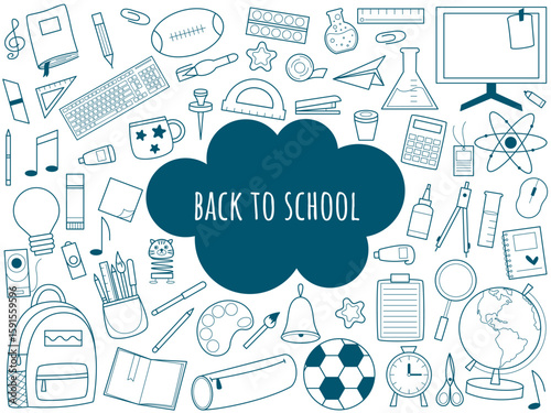 Back to school doodle sketch style illustration. Hand drawn collage of stationery items for school learning. Simple ink line icons of office supplies, vector elements