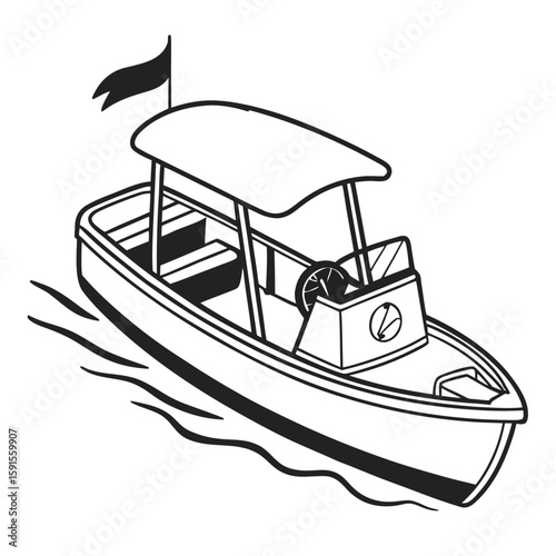 Motorboat with canopy and flag sailing on water vessel watercraft