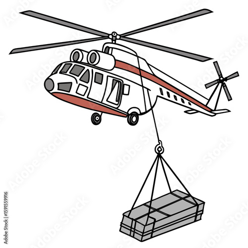 White cargo helicopter lifting grey boxes transport