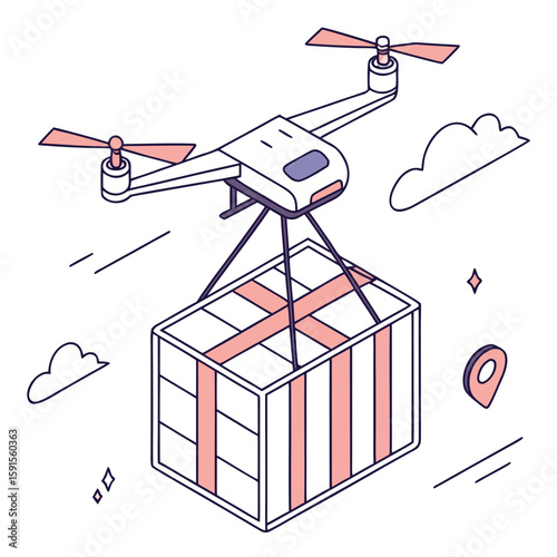White drone delivering large pink parcel delivery cargo