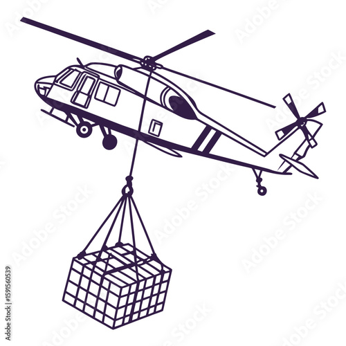 Purple helicopter lifting cargo net transport