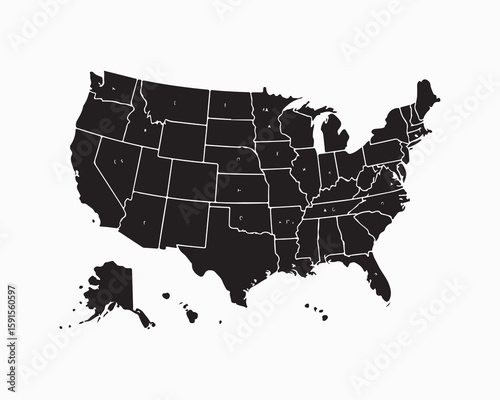 USA states map outlines and silhouettes, 50 America states, including New York, California, Texas, Florida, Ohio, vector illustration for educational, geographic, design, travel purposes.
