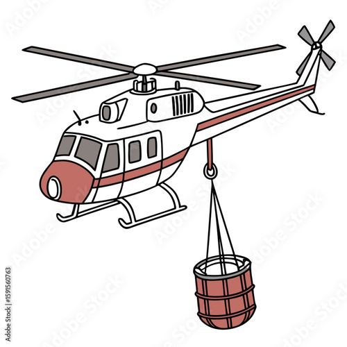 White helicopter with red accents carrying water bucket