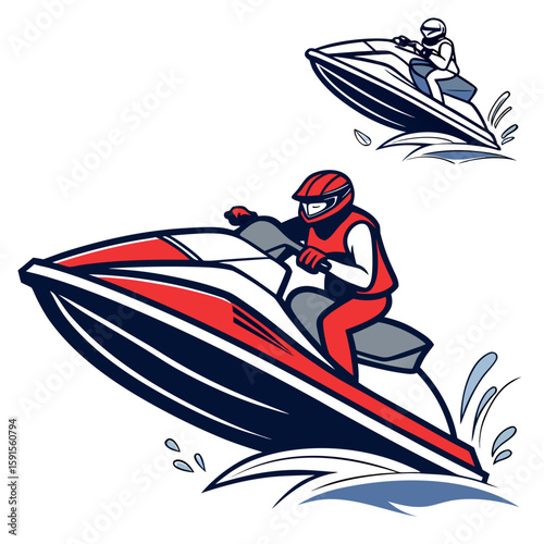 Red and blue jet ski rider in action watercraft personal watercraft