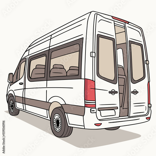 White passenger van with open rear doors open doors