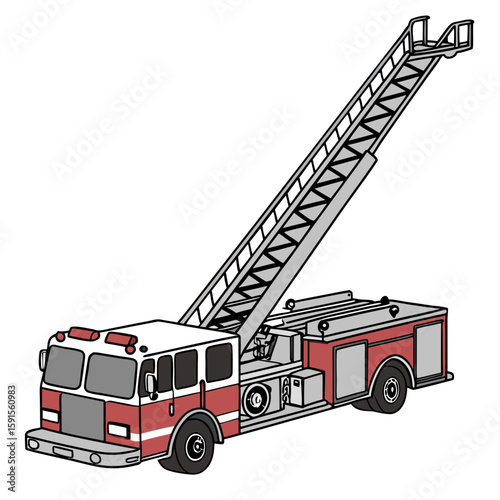 Red and white ladder truck with extended aerial ladder fire truck fire engine