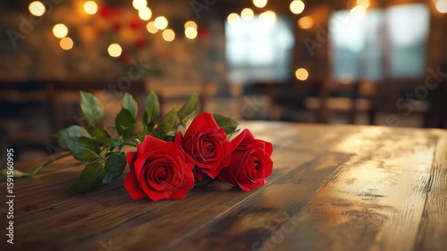 Red rose flower wooden table green leaf romantic blurred background warm light cozy atmosphere floral decoration close up natural beauty bouquet with warm bokeh lights creating romantic cozy indoor
