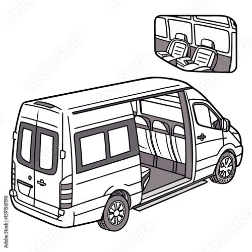 White passenger van with open doors and seats luxury van