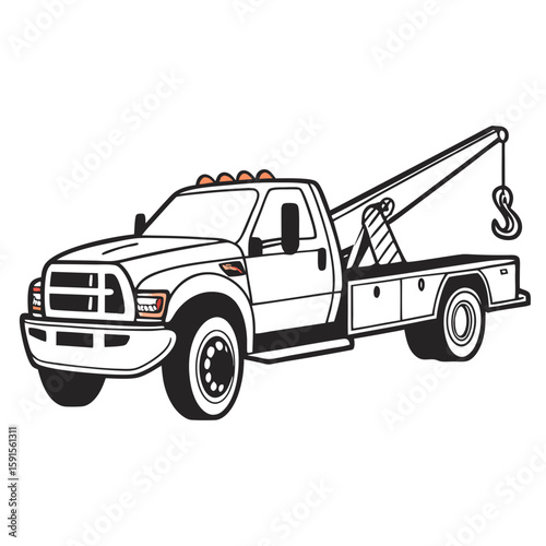 White tow truck with orange lights and hook towing