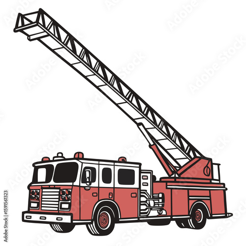 Red fire engine with extended ladder and hose fire truck emergency vehicle