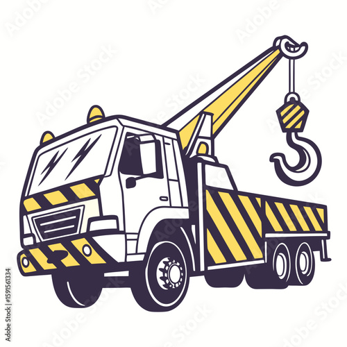 White tow truck with yellow stripes and hook heavy duty