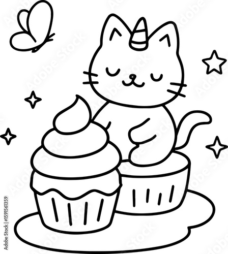 Cute cat with cupcakes, line art coloring page for kids