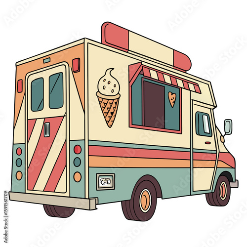 Retro ice cream truck with waffle cone graphic and colorful stripes food truck dessert