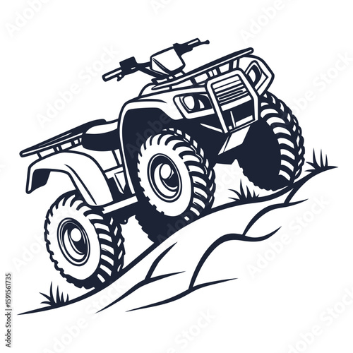 Rugged A T V climbing grassy hill quad bike four wheeler