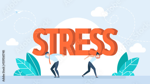 The pressure of stress on people. Solving problems and overcoming difficulties in relationships. Couple problems, therapy, relationship and marriage problems, depression, anxiety. Vector illustration