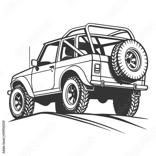 Rugged off road vehicle spare tire roll cage adventure vector