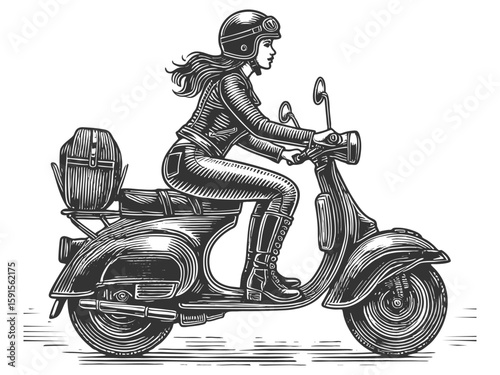 stylish woman in helmet and leather jacket riding a vintage scooter with backpack sketch engraving generative ai fictional character vector illustration. Scratch board imitation. Black and white image