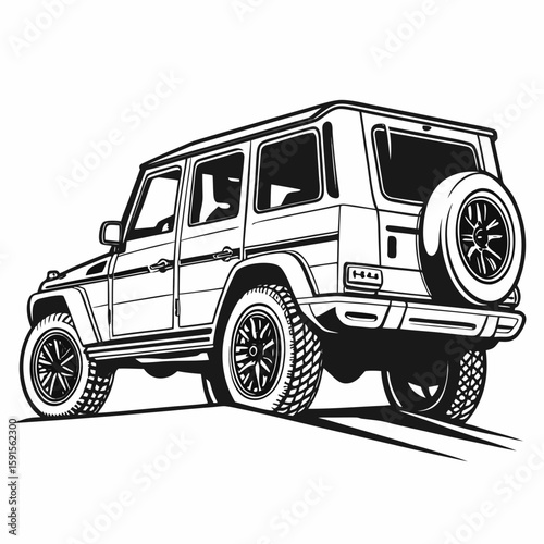 Rugged off road vehicle with spare tire black and white illustration