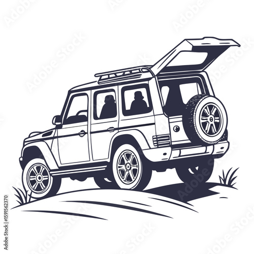 Rugged S U V with Open Rear Door and Roof Rack convertible spare tire