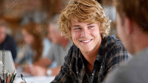 leadership business coaching AI coaching concept. Young man smiling during casual meeting in creative office environment