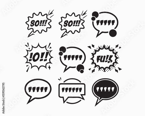 A collection of various speech bubbles with different designs and text on a white background graphic