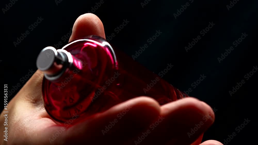 Men's or women's cologne on a black background.
A refreshing eau de parfum in a luxurious and elegant bottle.
Skincare cosmetics in the hands of a guy.
Smelling cologne close-up