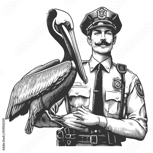police officer gently holding a pelican, combining law enforcement with unexpected animal interaction sketch engraving generative ai vector illustration. Scratch board imitation. Black and white image