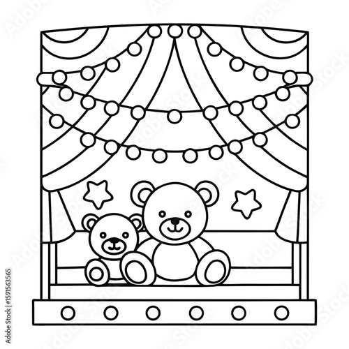 Two teddy bears on a stage with lights and stars performance coloring page