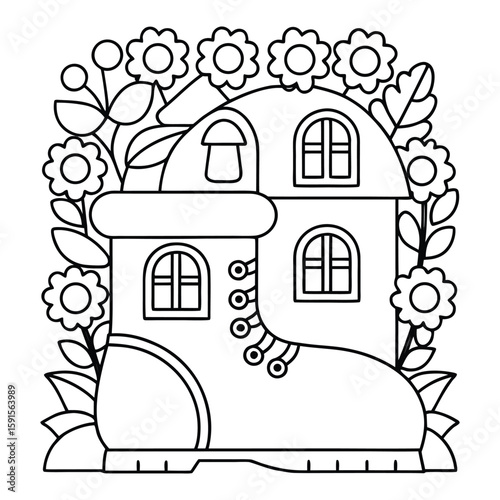 Whimsical boot dwelling with blooming flowers and leafy foliage boot house leaves coloring page