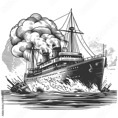 large steam-powered ocean liner forcefully colliding with and sinking a smaller vessel, with dramatic smoke sketch engraving generative ai vector illustration. Scratch board. Black and white image.