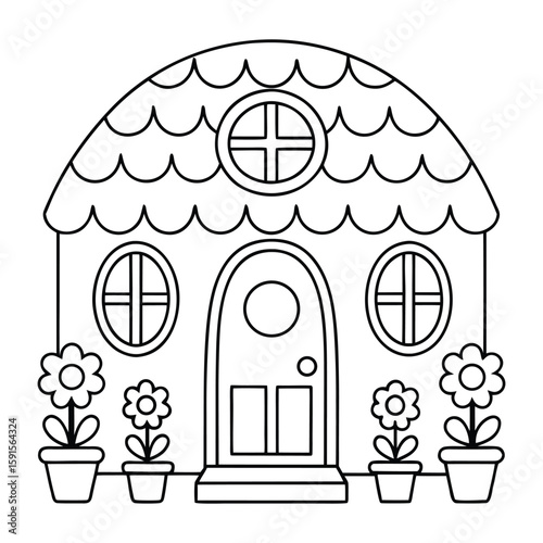 Charming house with scalloped roof and potted flowers dwelling architecture coloring page
